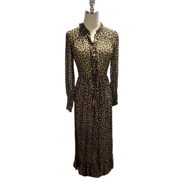 Sea New York Lottie Chiffon Animal Print Drawstring Long Sleeve Tassel Dress 4 - Picture 3 of 16